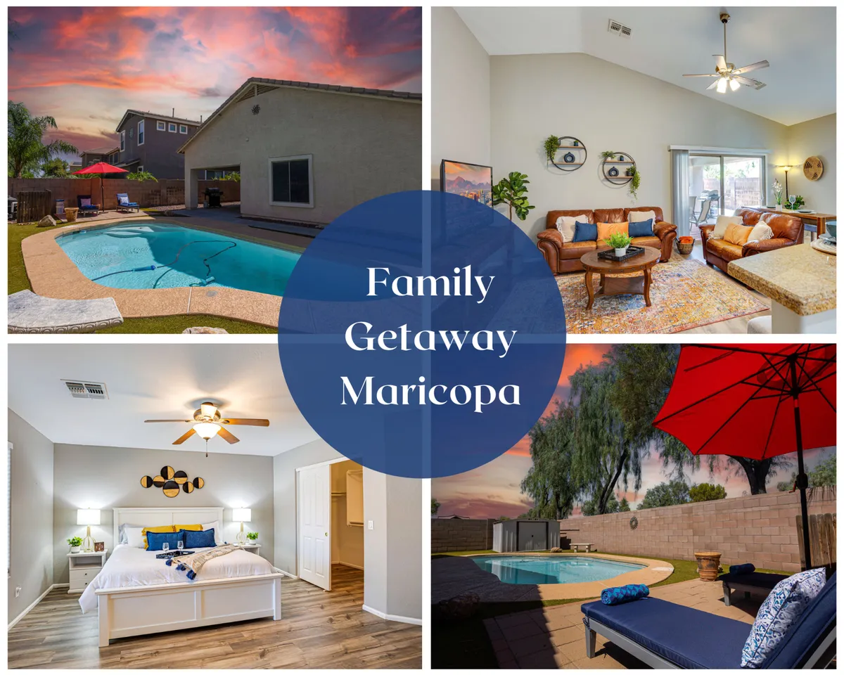 The image showcases the inviting backyard of a single-family home in Maricopa, Arizona, featuring a sparkling private swimming pool surrounded by comfortable outdoor seating. The backdrop includes a glimpse into the stylish, open-concept living room, emphasizing a seamless indoor-outdoor lifestyle. Warm desert sunlight bathes the space, perfect for family fun, sunset swims, and relaxed evenings.
